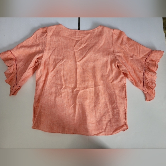 Lauren Conrad Salmon Colored Linen Tie Front V Neck 3/4 Sleeve Shirt - Picture 2 of 8